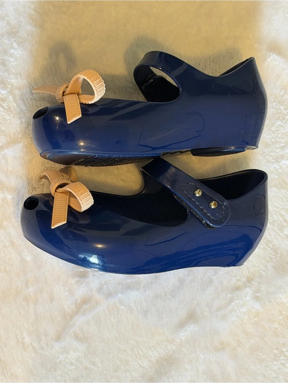 Mini Melissa Navy Mary Jane Shoes with Peach Bows